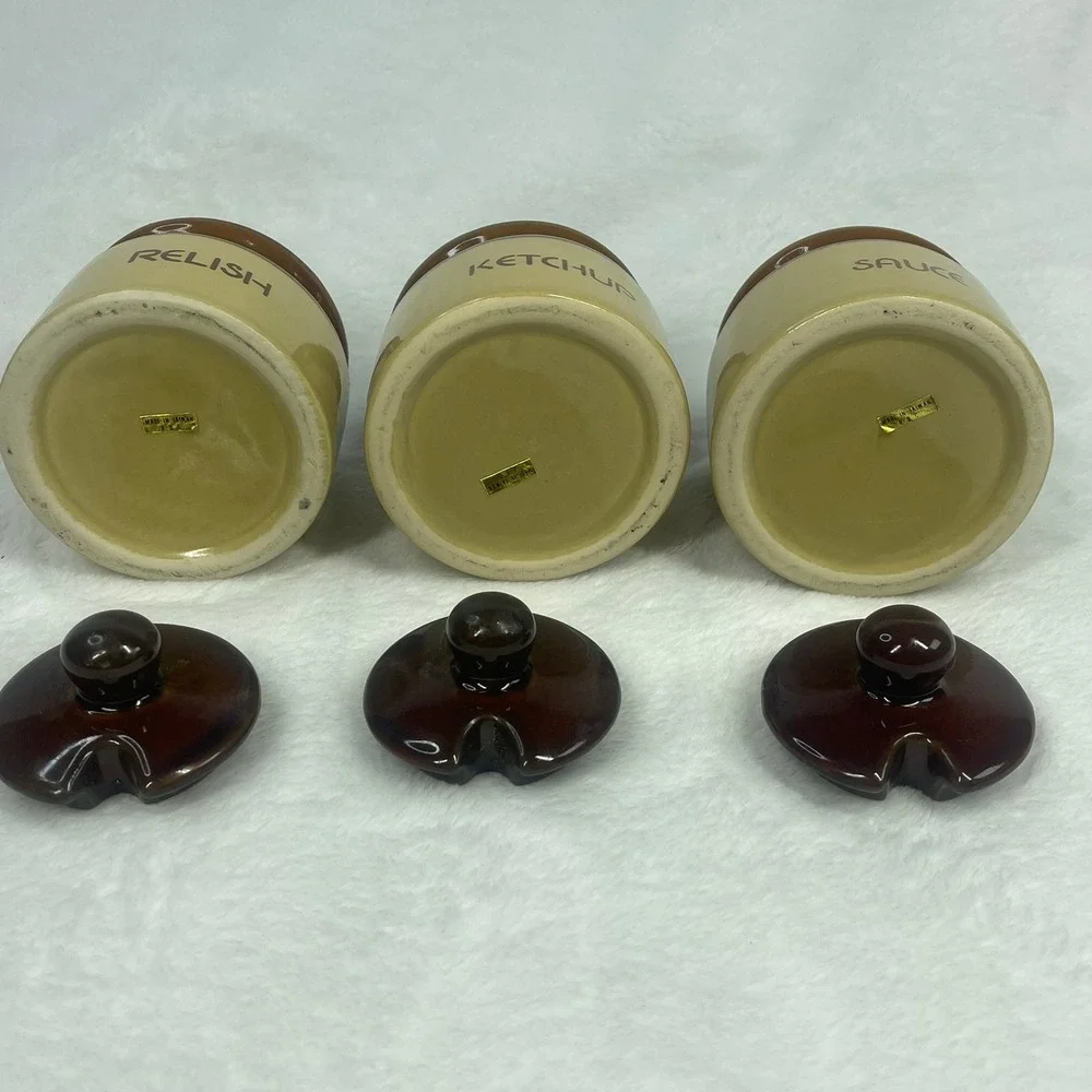 Vintage Condiment Jar Set Brown Tan Ceramic Stoneware 3pc Set